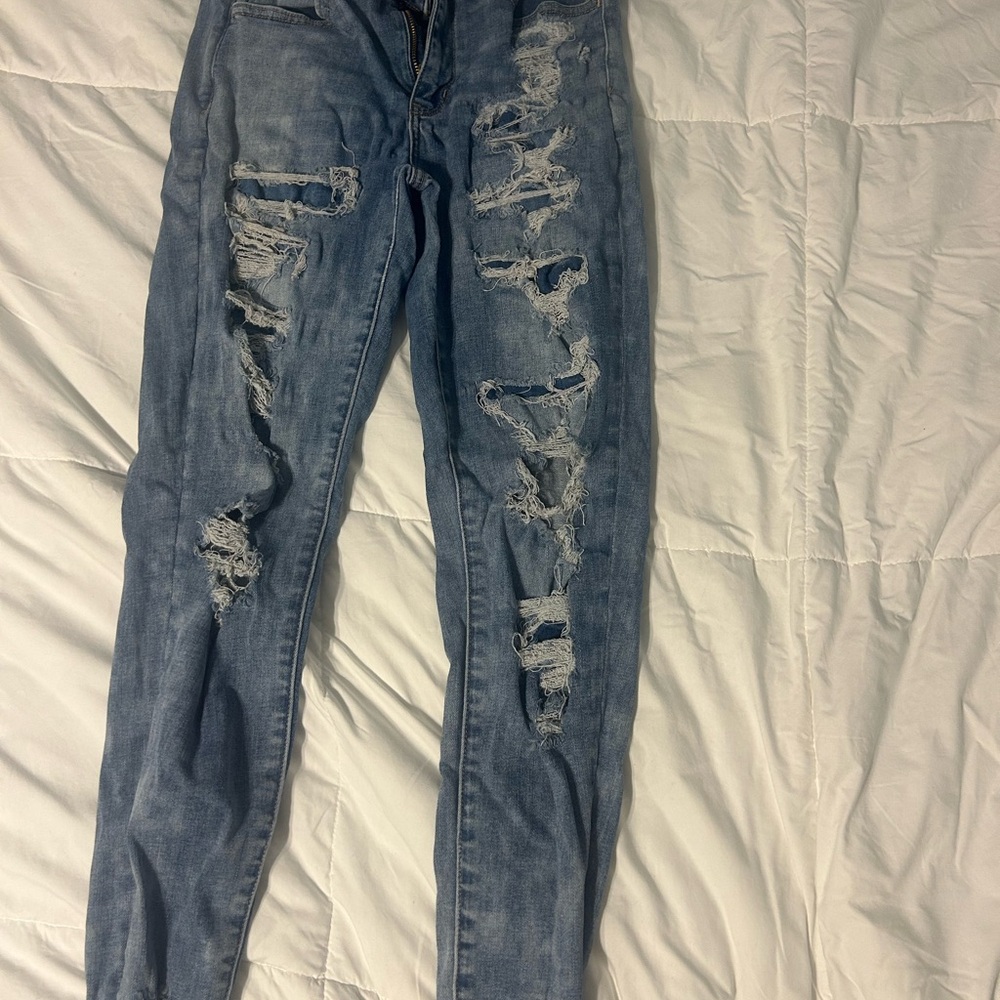 American Eagle Outfitters Blue Skinny Jeans with Distressed Details